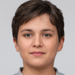 Neutral white young-adult female with short  brown hair and brown eyes