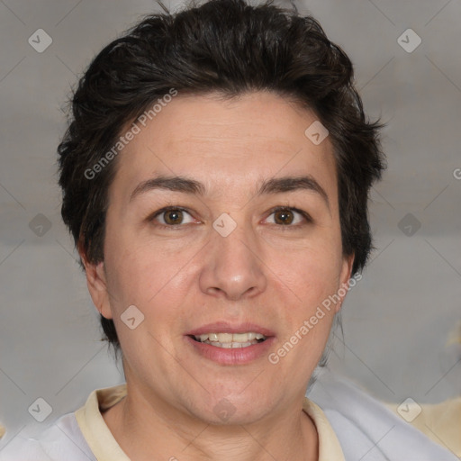 Joyful white adult female with short  brown hair and brown eyes