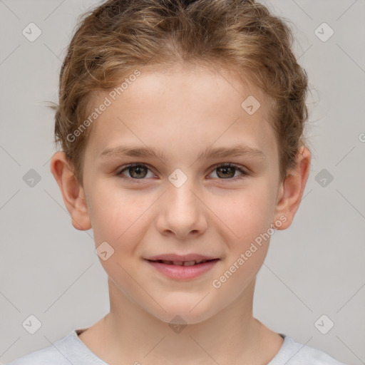 Joyful white child female with short  brown hair and brown eyes