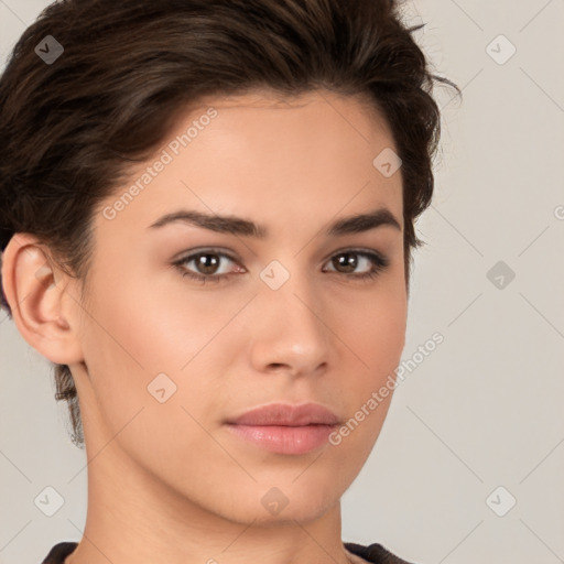 Neutral white young-adult female with short  brown hair and brown eyes