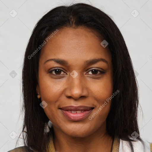 Joyful black young-adult female with medium  brown hair and brown eyes