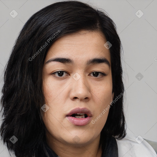 Joyful asian young-adult female with medium  black hair and brown eyes