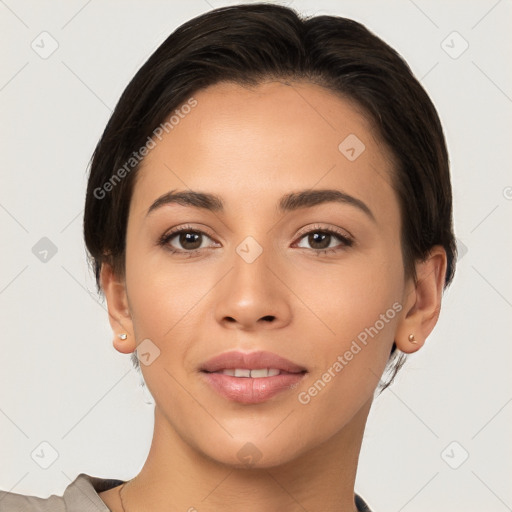 Joyful white young-adult female with short  brown hair and brown eyes