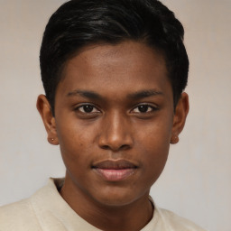 Joyful black young-adult male with short  brown hair and brown eyes