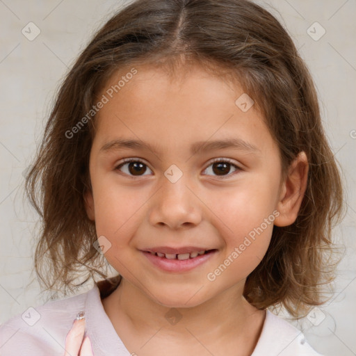 Joyful white child female with medium  brown hair and brown eyes