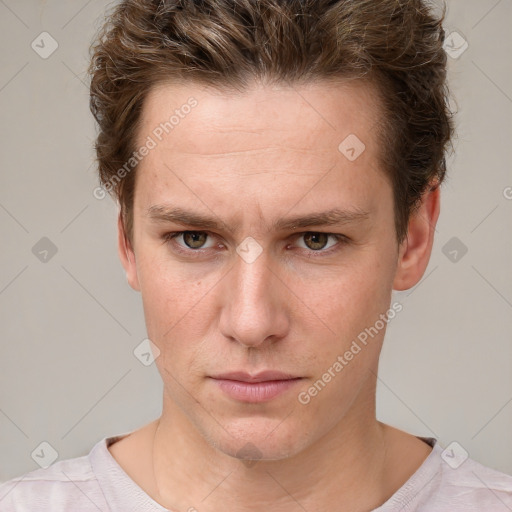 Neutral white young-adult male with short  brown hair and grey eyes