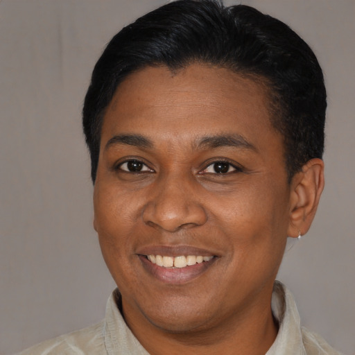 Joyful black adult female with short  black hair and brown eyes