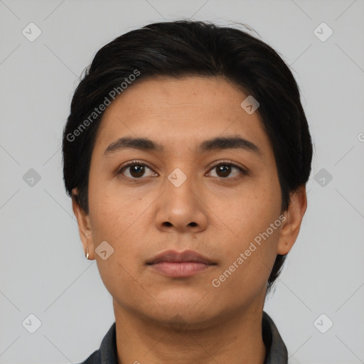 Neutral asian young-adult male with short  black hair and brown eyes