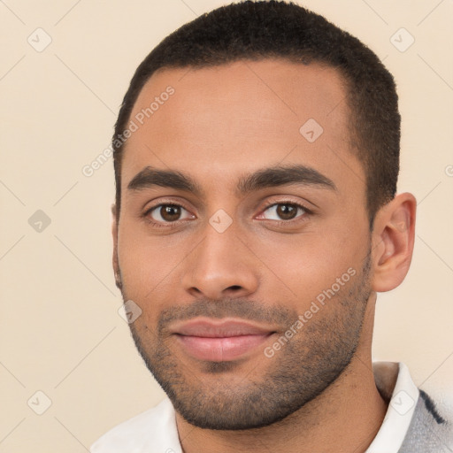 Neutral white young-adult male with short  brown hair and brown eyes