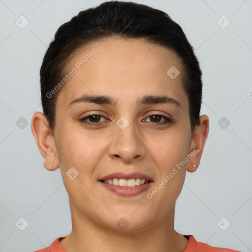 Joyful white young-adult female with short  brown hair and brown eyes