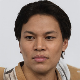 Neutral asian young-adult male with short  brown hair and brown eyes