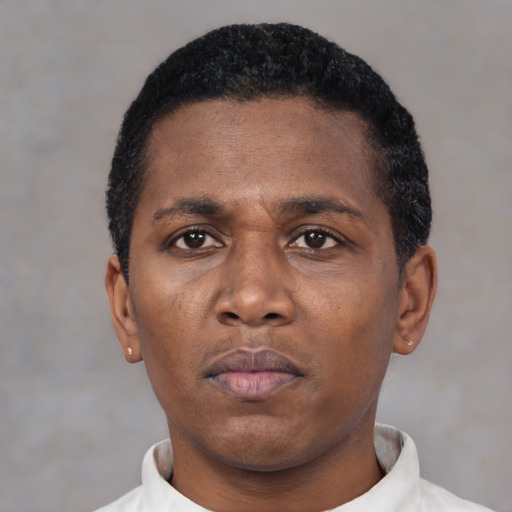 Neutral black young-adult male with short  black hair and brown eyes