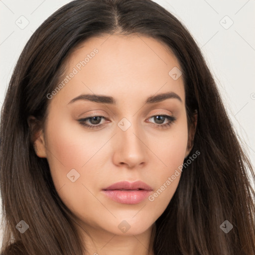 Neutral white young-adult female with long  brown hair and brown eyes