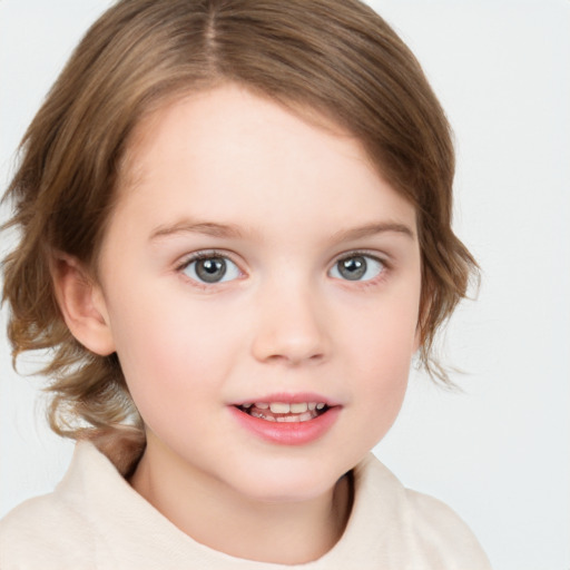 Joyful white child female with medium  brown hair and brown eyes