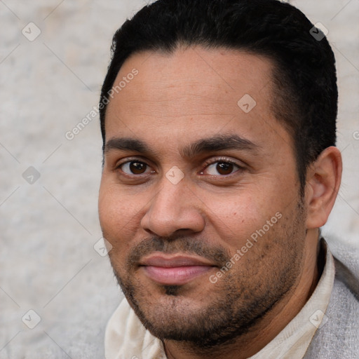 Joyful white young-adult male with short  black hair and brown eyes