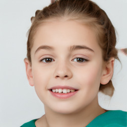 Joyful white child female with short  brown hair and brown eyes