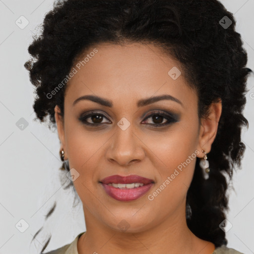 Joyful latino young-adult female with medium  brown hair and brown eyes