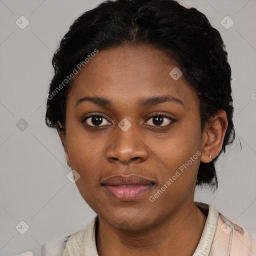 Neutral black young-adult female with short  black hair and brown eyes