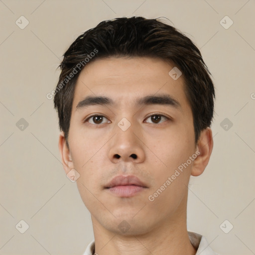 Neutral asian young-adult male with short  black hair and brown eyes
