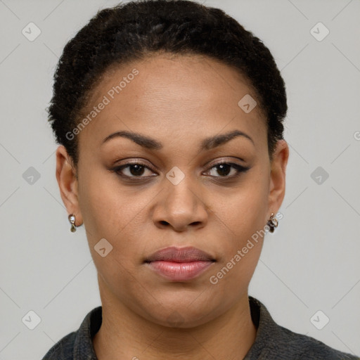 Joyful black young-adult female with short  brown hair and brown eyes