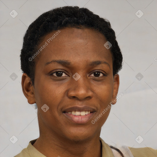 Joyful black young-adult female with short  brown hair and brown eyes