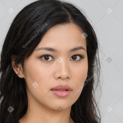 Neutral asian young-adult female with long  brown hair and brown eyes