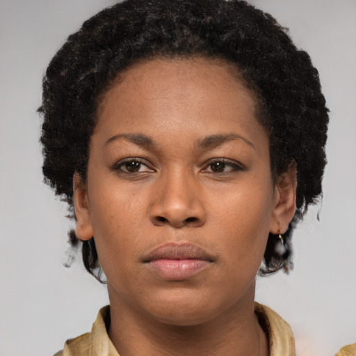 Neutral black young-adult female with short  brown hair and brown eyes