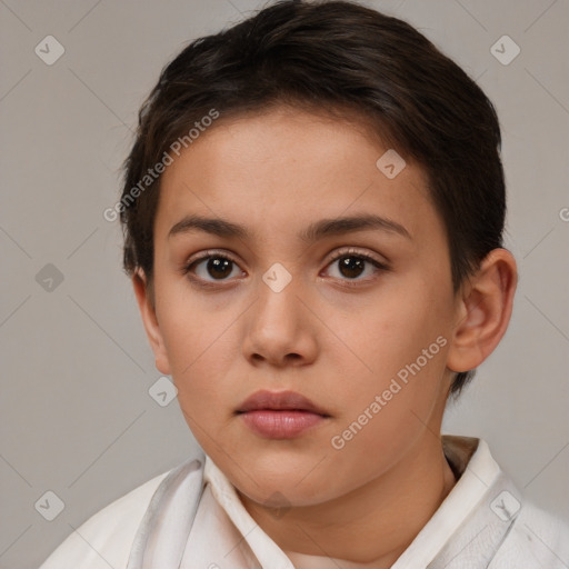 Neutral white young-adult female with short  brown hair and brown eyes