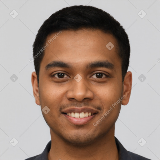 Joyful latino young-adult male with short  black hair and brown eyes