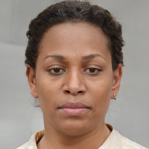 Neutral black young-adult female with short  brown hair and brown eyes
