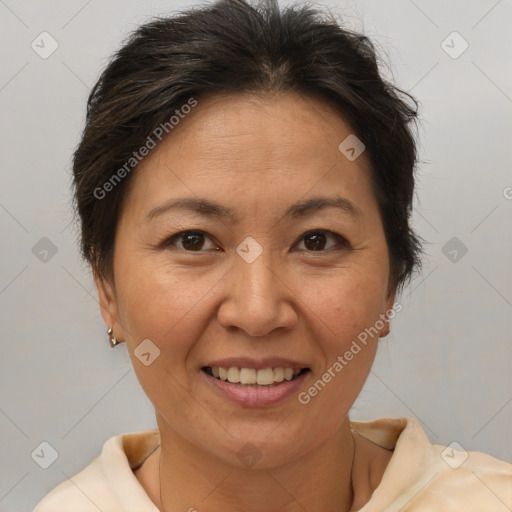 Joyful white adult female with short  brown hair and brown eyes