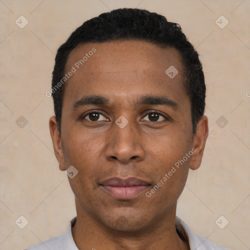 Neutral latino adult male with short  black hair and brown eyes