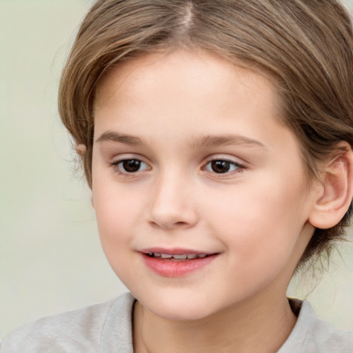 Joyful white child female with medium  brown hair and brown eyes