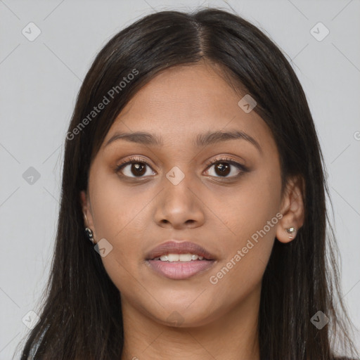 Joyful asian young-adult female with long  brown hair and brown eyes