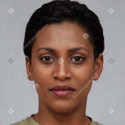 Joyful latino young-adult female with short  black hair and brown eyes