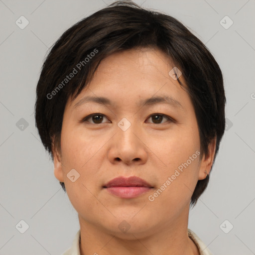 Joyful asian adult female with short  brown hair and brown eyes