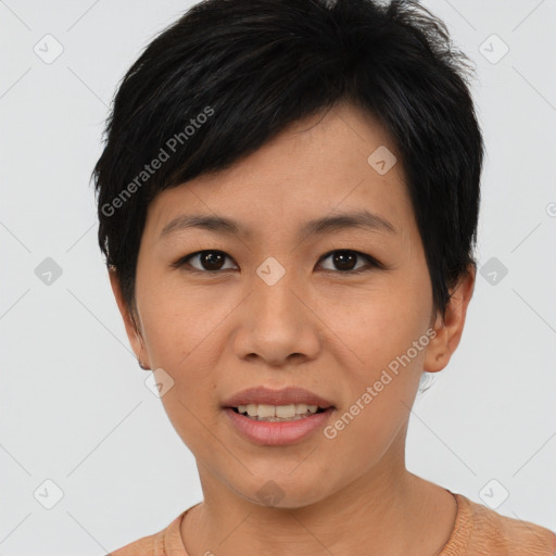 Joyful asian young-adult female with short  black hair and brown eyes