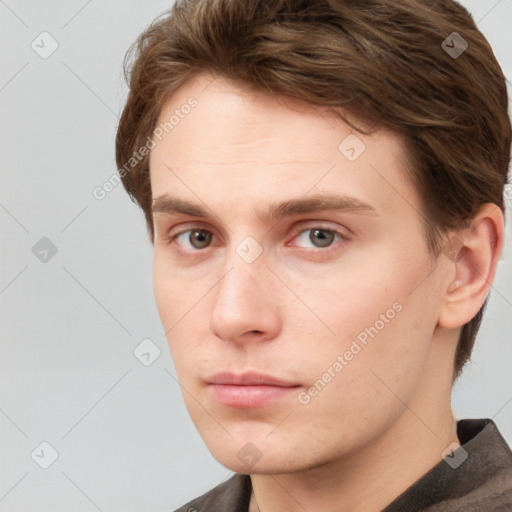 Neutral white young-adult male with short  brown hair and grey eyes