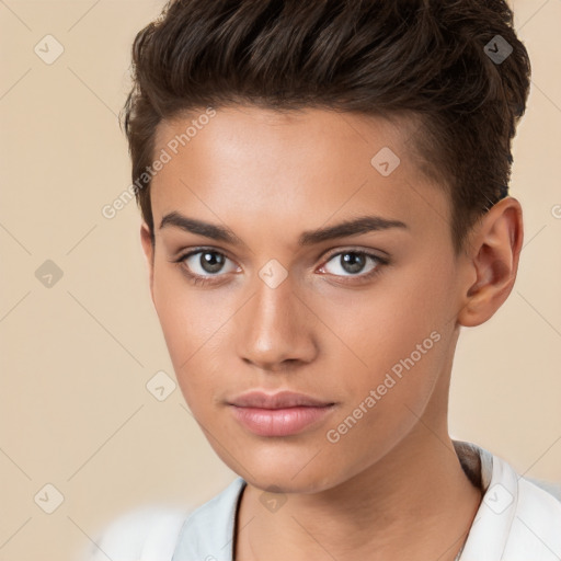 Neutral white young-adult female with short  brown hair and brown eyes