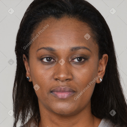 Joyful black young-adult female with long  brown hair and brown eyes