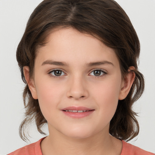 Joyful white child female with medium  brown hair and brown eyes