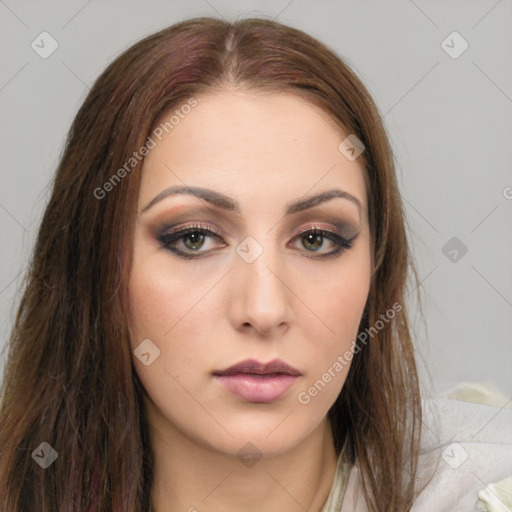 Neutral white young-adult female with long  brown hair and brown eyes