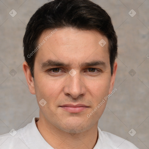 Joyful white young-adult male with short  brown hair and brown eyes