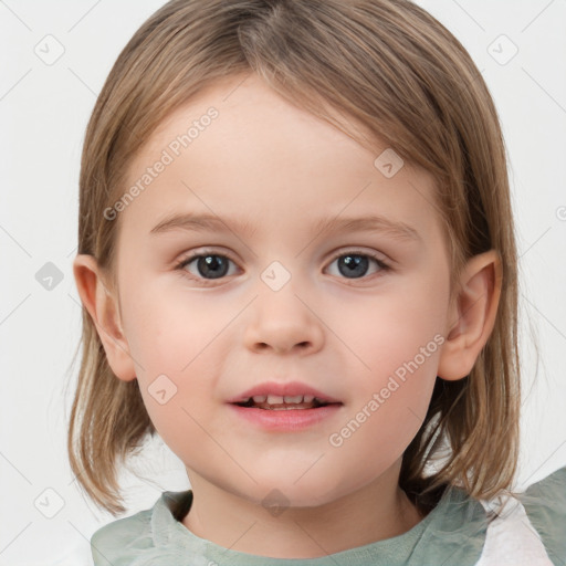 Joyful white child female with medium  brown hair and grey eyes