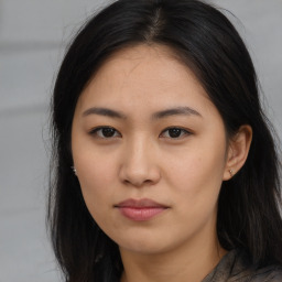 Neutral asian young-adult female with long  brown hair and brown eyes