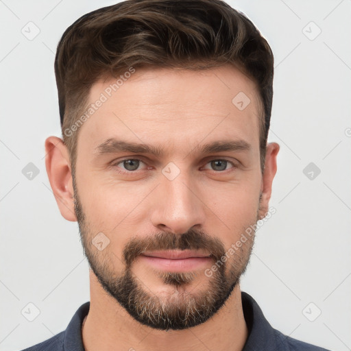 Neutral white young-adult male with short  brown hair and grey eyes