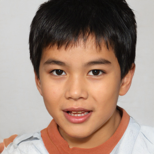 Joyful asian child male with short  brown hair and brown eyes