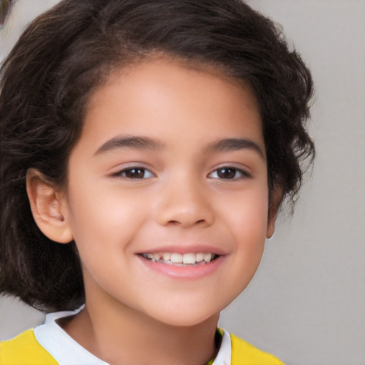 Joyful white child female with short  brown hair and brown eyes