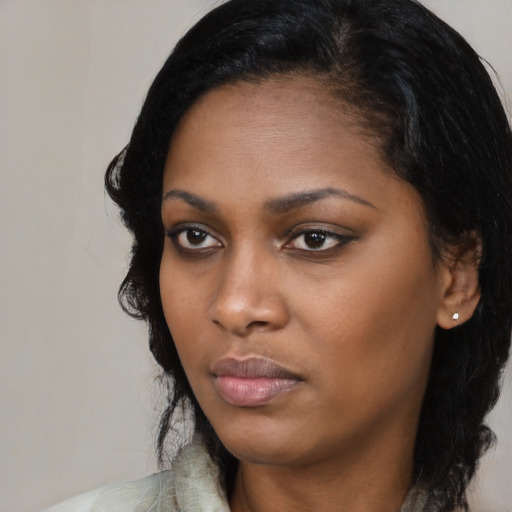 Neutral black young-adult female with medium  black hair and brown eyes