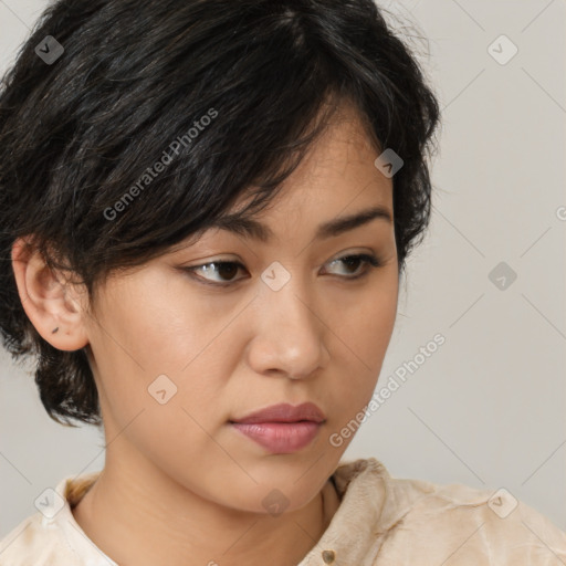 Neutral white young-adult female with medium  brown hair and brown eyes